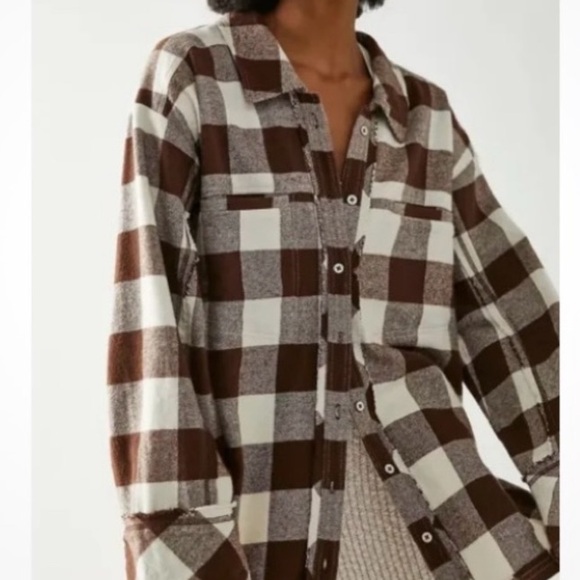 Free People We The Free So Long Summer Oversized Plaid Button Down Brown Plaid - Picture 4 of 5